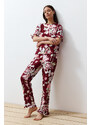 Trendyol Burgundy-Multi Color 100% Cotton Floral Ruffle Detail Knitted Pajamas Set