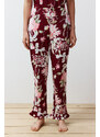 Trendyol Burgundy-Multi Color 100% Cotton Floral Ruffle Detail Knitted Pajamas Set