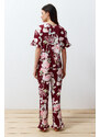 Trendyol Burgundy-Multi Color 100% Cotton Floral Ruffle Detail Knitted Pajamas Set