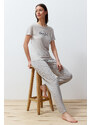 Trendyol Gray Slogan Printed Striped Knitted Pajamas Set