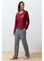 Trendyol Burgundy 100% Cotton Fruit Printed Plaid Knitted Pajamas Set