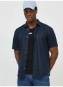 Lněná košile BOSS tmavomodrá barva, regular, s klasickým límcem