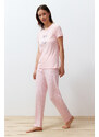 Trendyol Powder Slogan Printed Polka Dot Knitted Pajamas Set