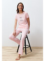Trendyol Powder Slogan Printed Polka Dot Knitted Pajamas Set