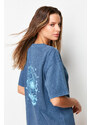 Trendyol Indigo 100% Cotton Faded Effect Back Printed Oversize Crew Neck Knitted T-Shirt