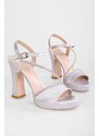 Shoeberry Women's Alaia Silver Satin Stone Platform Heel Shoes