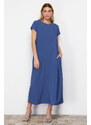 Trendyol Blue Straight Cut Crew Neck Pocket Detailed Aerobin Woven Midi Dress