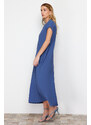 Trendyol Blue Straight Cut Crew Neck Pocket Detailed Aerobin Woven Midi Dress