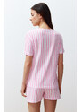 Trendyol Pink Cotton Motto Printed Striped Knitted Pajamas Set