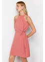 Trendyol Pink Belted Plain Fit Halter Neck Aerobin Woven Mini Dress