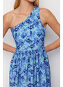 Trendyol Blue Floral Print A-line One Shoulder Midi Woven Dress