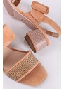 Caprice Světle hnědé kožené sandály na hrubém podpatku 9-28203