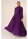 By Saygı Beaded Embroidered Lined Plus Size Long Chiffon Dress with Flounce on the Front