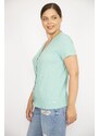 Şans Women's Green V-Neck Front Embellishment Buttoned Camisole Fabric Short Sleeve Blouse