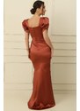 By Saygı Square Neck Watermelon Long Sleeve Draped Satin Long Pencil Dress