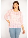 Şans Women's Plus Size Pink Patterned Blouse with Elastic Hem and Arms