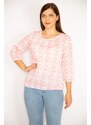 Şans Women's Plus Size Pink Patterned Blouse with Elastic Hem and Arms