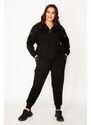 Şans Women's Plus Size Black Pearl Detailed Hooded Tracksuit Suit