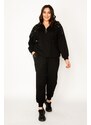 Şans Women's Plus Size Black Pearl Detailed Hooded Tracksuit Suit