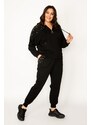 Şans Women's Plus Size Black Pearl Detailed Hooded Tracksuit Suit