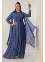 By Saygı Beading Embroidered Shoulders And Waist Pleated Long B.B Chiffon Dress