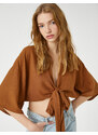 Koton Crop Kimono with Wide Sleeves with Tie Front Detail