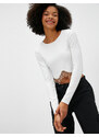 Koton Crop T-Shirt Long Sleeve Dangle Stone Detailed Ribbed