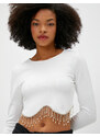 Koton Crop T-Shirt Long Sleeve Dangle Stone Detailed Ribbed