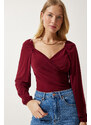 Happiness İstanbul Women's Burgundy Elastic Balloon Sleeve Sandy Knitted Blouse