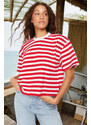 Trendyol Red Striped 100% Cotton Asymmetrical Loose/Relaxed Cut Knitted T-Shirt