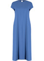 Trendyol Blue Straight Cut Crew Neck Pocket Detailed Aerobin Woven Midi Dress
