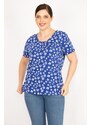 Şans Women's Saxe Plus Size Cotton Fabric Floral Patterned Blouse