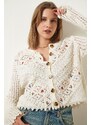 Happiness İstanbul Cream Floral Embroidered Textured Seasonal Knitwear Cardigan