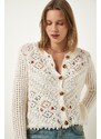 Happiness İstanbul Cream Floral Embroidered Textured Seasonal Knitwear Cardigan