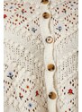 Happiness İstanbul Cream Floral Embroidered Textured Seasonal Knitwear Cardigan