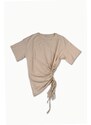 Dilvin 30184 Gathered Side T-Shirt-Light beige