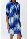 Trendyol Blue Abstract Patterned Belted Midi Woven 100% Cotton Beach Dress with Ribbon Accessories