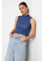 Trendyol Indigo Premium High Neck Fitted Crop Textured Stretch Knitted Blouse
