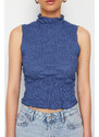 Trendyol Indigo Premium High Neck Fitted Crop Textured Stretch Knitted Blouse