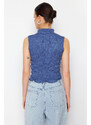 Trendyol Indigo Premium High Neck Fitted Crop Textured Stretch Knitted Blouse