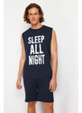 Trendyol Navy Blue Slogan Printed Regular Fit Pajama Set with Knitted Shorts