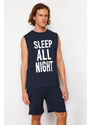 Trendyol Navy Blue Slogan Printed Regular Fit Pajama Set with Knitted Shorts