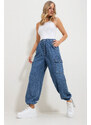 Trend Alaçatı Stili Women's Blue Waist And Leg Elastic Pocket Cargo Jogger Pants