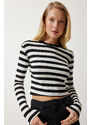 Happiness İstanbul Women's Black and White Detachable Necklace Striped Crop Knitted Blouse