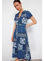 Trendyol Navy Blue Printed Polo Collar A-line/Bell Form Wrap/Textured Knitted Midi Dress