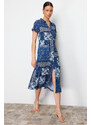 Trendyol Navy Blue Printed Polo Collar A-line/Bell Form Wrap/Textured Knitted Midi Dress