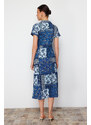 Trendyol Navy Blue Printed Polo Collar A-line/Bell Form Wrap/Textured Knitted Midi Dress