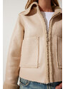 Happiness İstanbul Women's Cream Fur Collar Wide Pocket Faux Leather Jacket