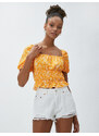 Koton Crop T-Shirt with Floral Gippe Balloon Sleeve