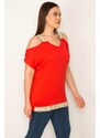 Şans Women's Plus Size Red Off-the-shoulder blouse with sequined lace detail around the neck and the hem.